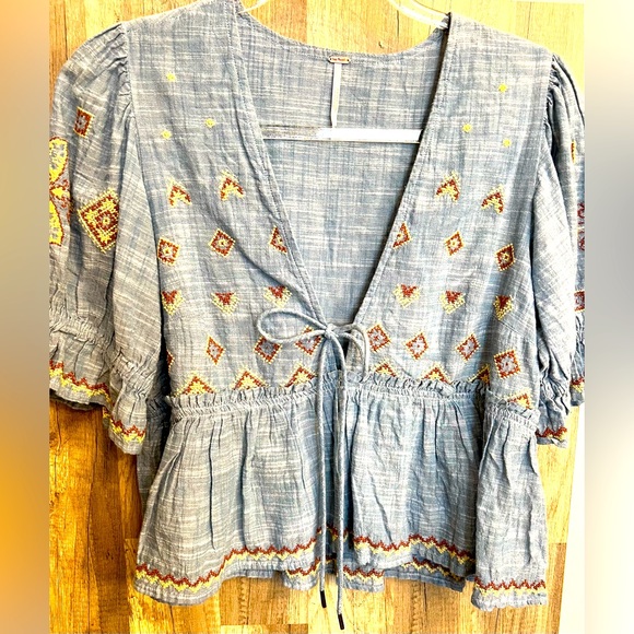 Free People Tops - Free People Blue Embroidered Peasant Blouse